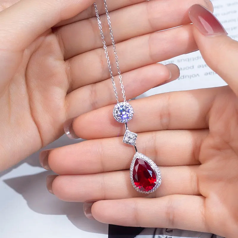 Red Corundum Spinel Pear 10x15mm Fine Silver Necklace