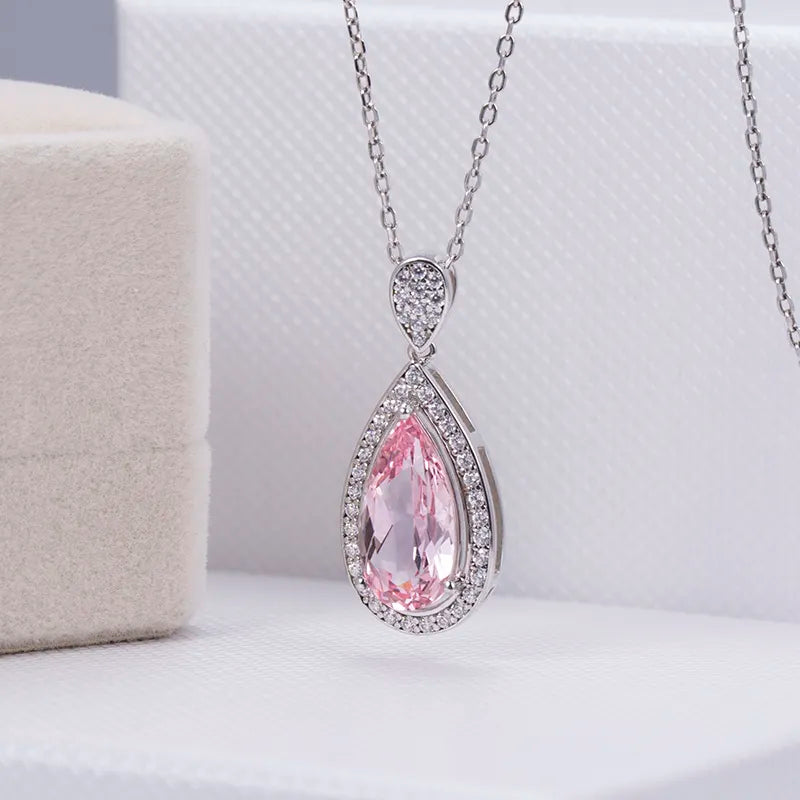 Silver Pear Cut Pink Channel Setting Diamond Pendant Necklace