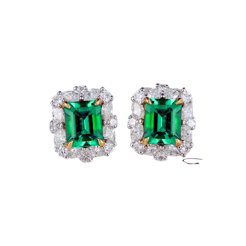 Natural Emerald Halo 18k Gold Earrings With Natural White Diamond