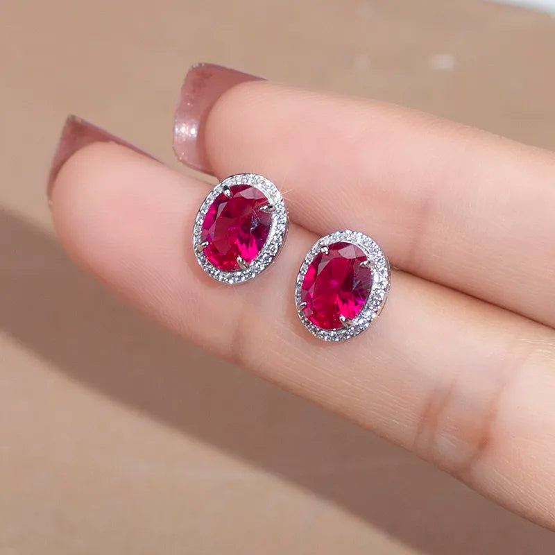 Silver Oval Corundum&Spinel Red Silver Earings