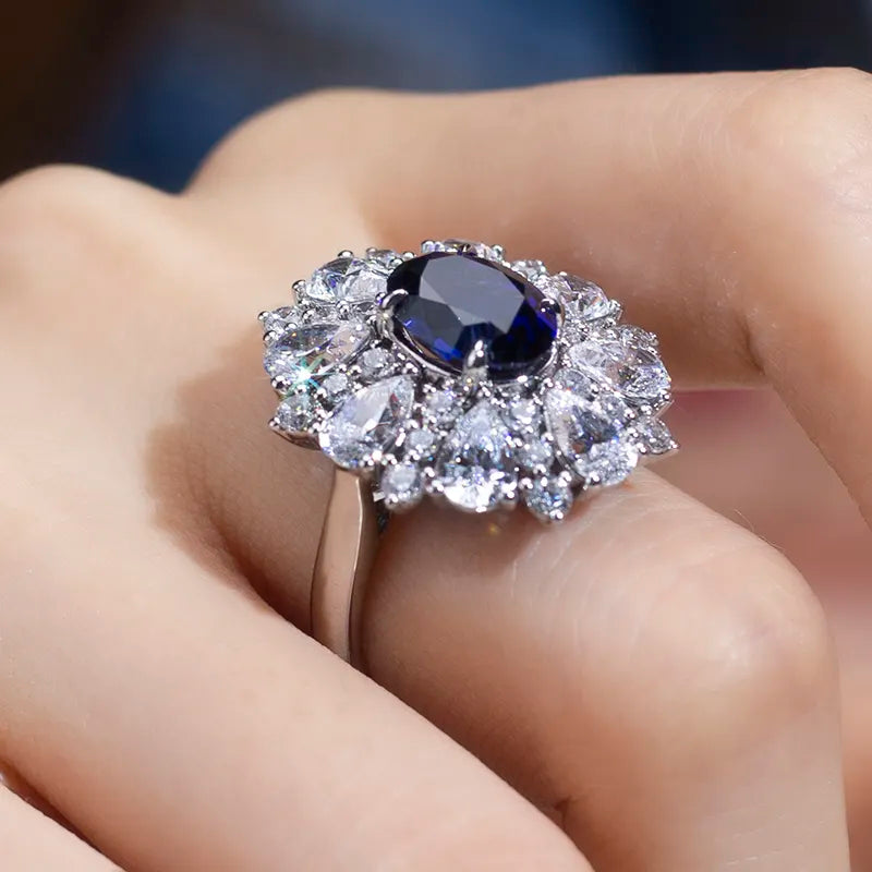 Stainless High Carbon Flower Diamond Solid Silver Engagement Ring