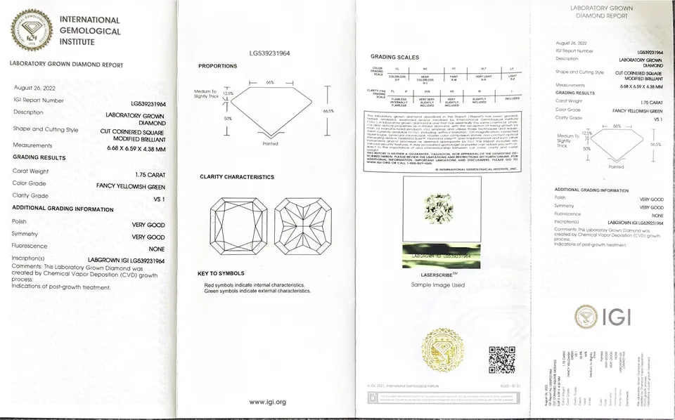 1.75CT Cut Cornered Square VS1 Loose CVD Lab Grown Yellowish Green Diamond