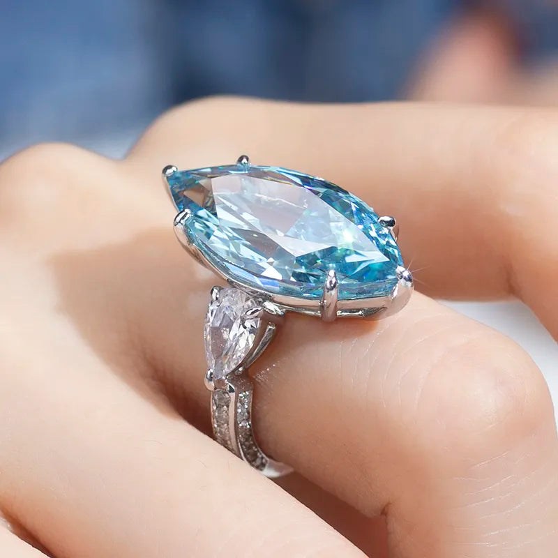 Silver Cubic Moissanitet Blue Marquise High Carbon Ring