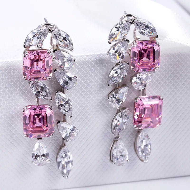 Silver Pink Cushion and Pear High Carbon Diamond Zirconia Earings