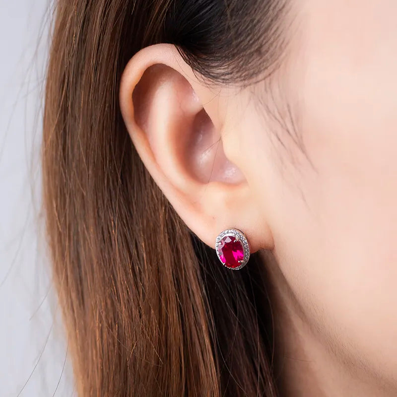 Silver Oval Corundum&Spinel Red Silver Earings