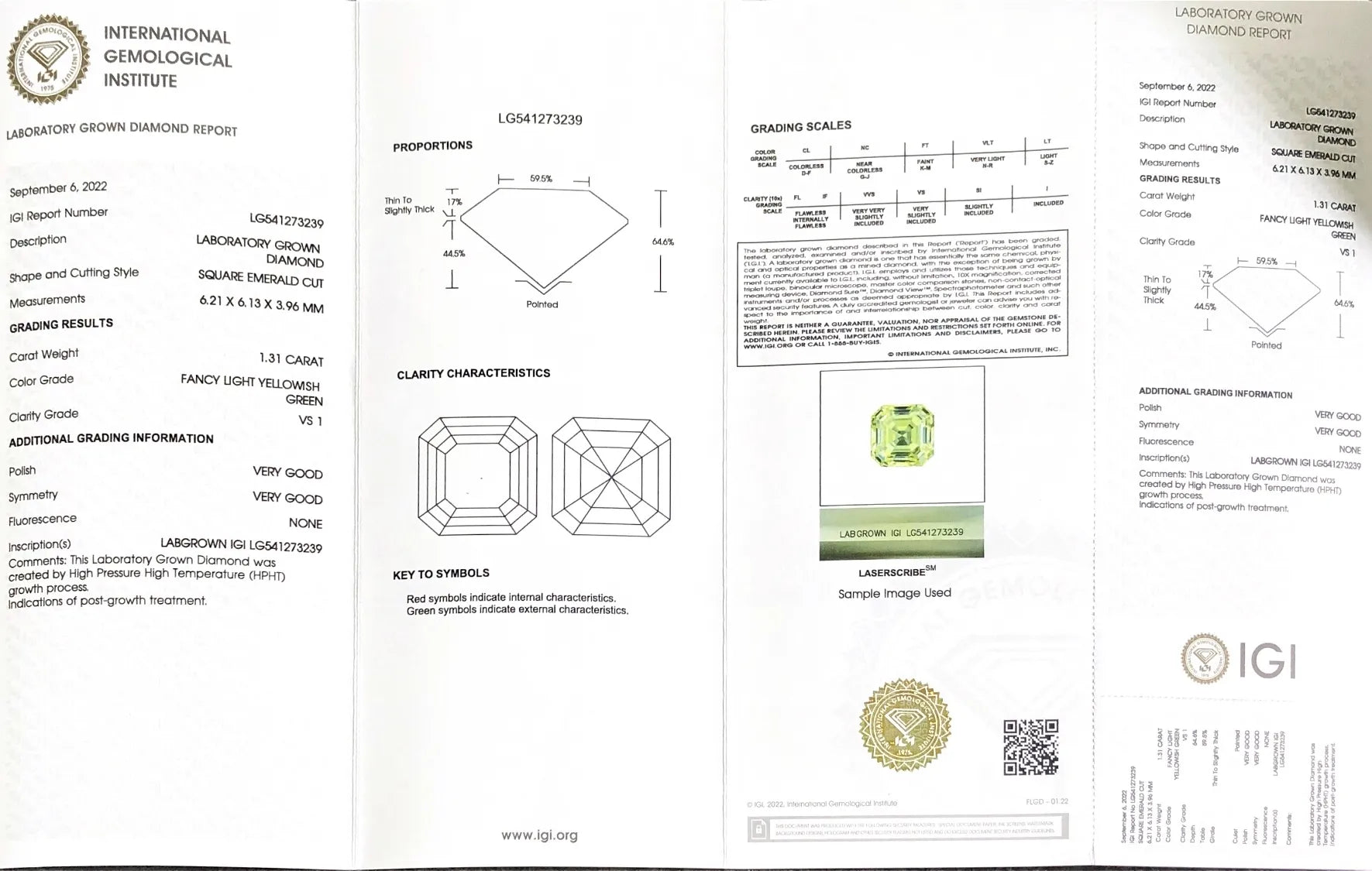 1.3ct VS Square Emerald Cut Loose Yellow Green Lab Grown Diamonds