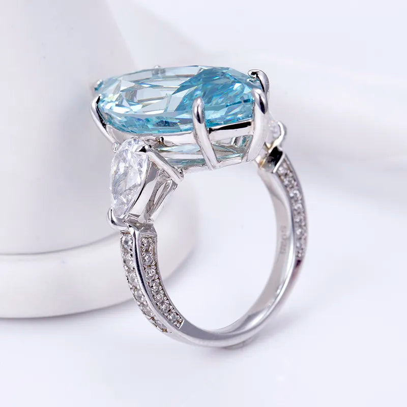 Silver Cubic Moissanitet Blue Marquise High Carbon Ring