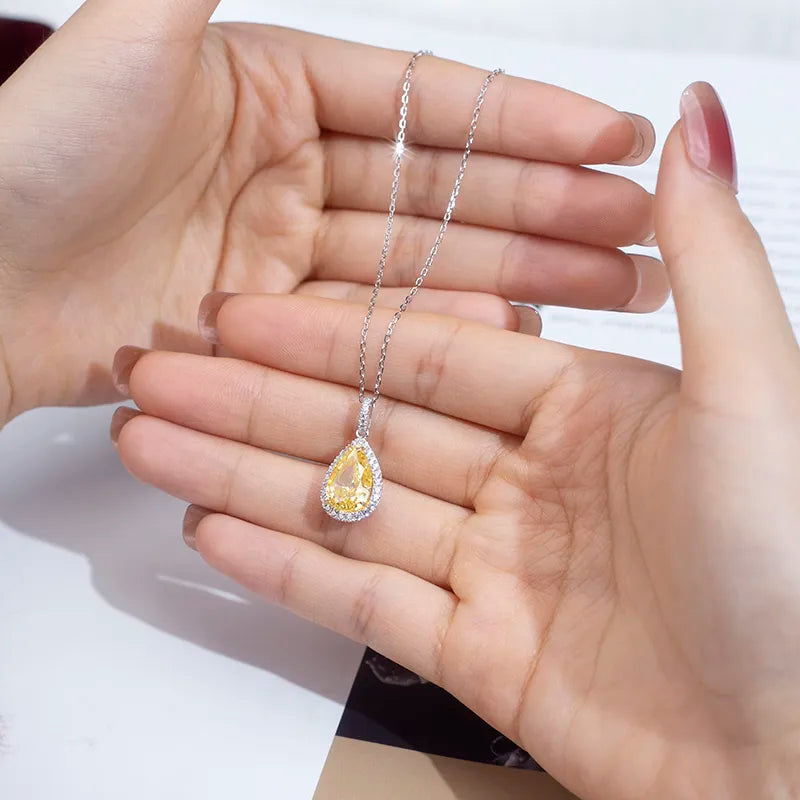 Silver Sterling Tear Drop Bright Yellow Cubic Zirconia Solid Necklace