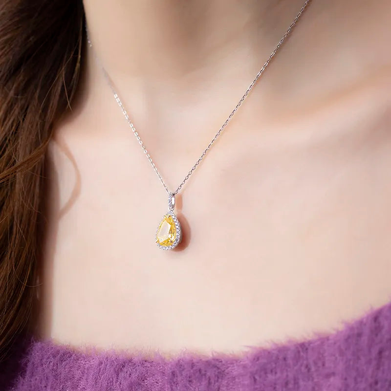Silver Sterling Tear Drop Bright Yellow Cubic Zirconia Solid Necklace