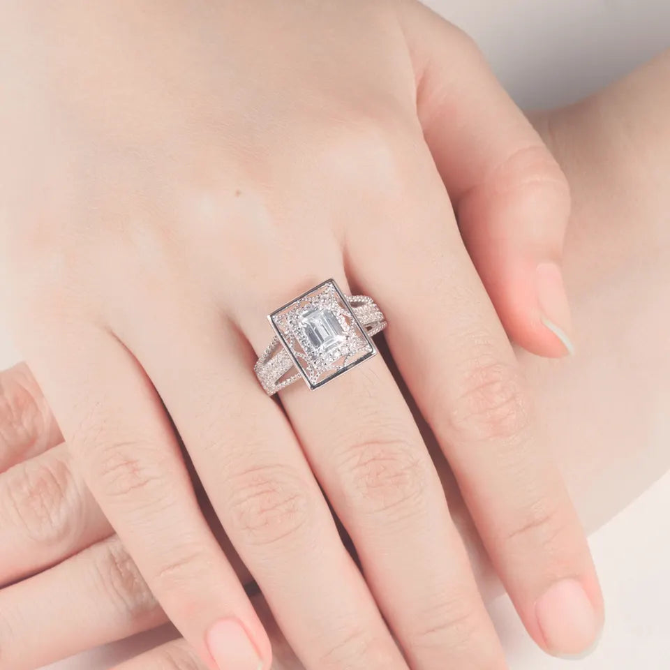 Luxury Solid Silver 925 Emerald Cut Ring