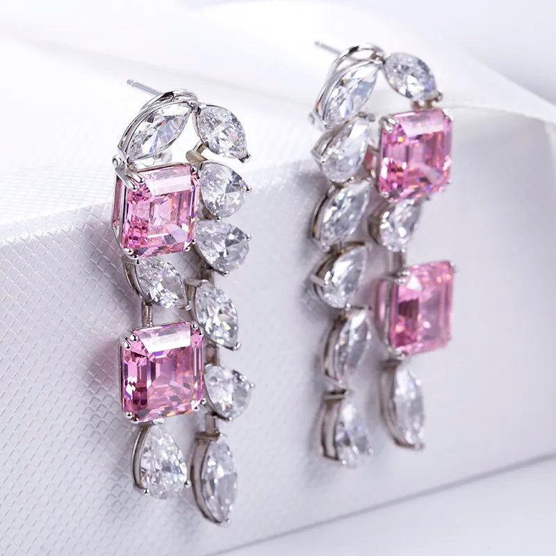 Silver Pink Cushion and Pear High Carbon Diamond Zirconia Earings