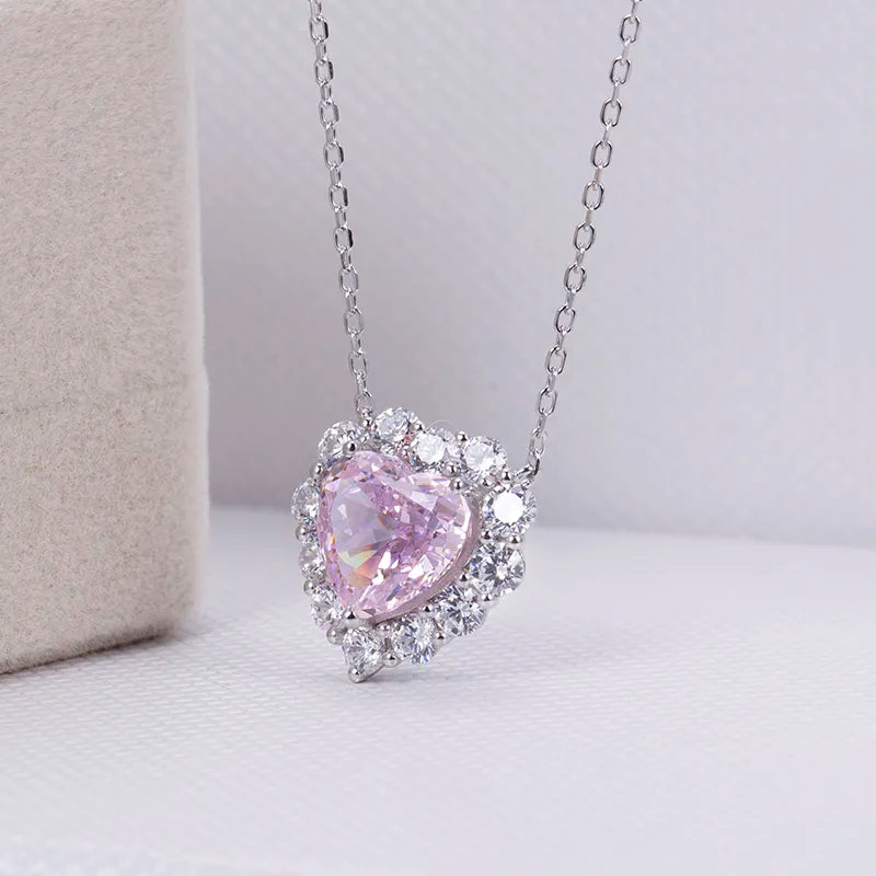 Pink Heart Cut High Carbon Diamond Cubic Zirconia Necklace