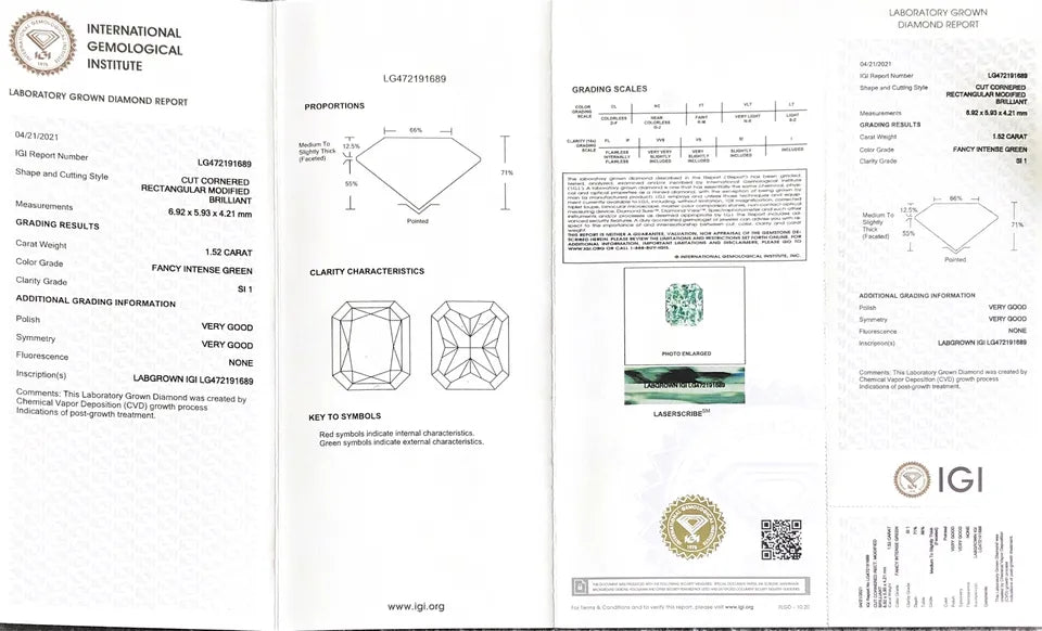 1.5CT SI1 Loose Cushion CVD Fancy Intense Green Lab Grown Diamond