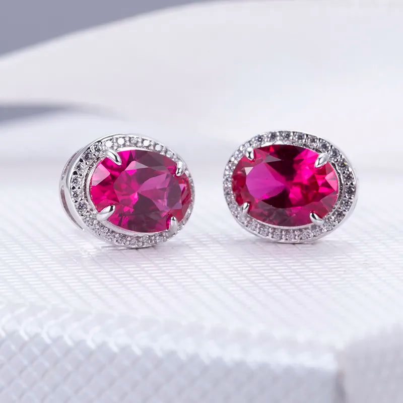 Silver Oval Corundum&Spinel Red Silver Earings