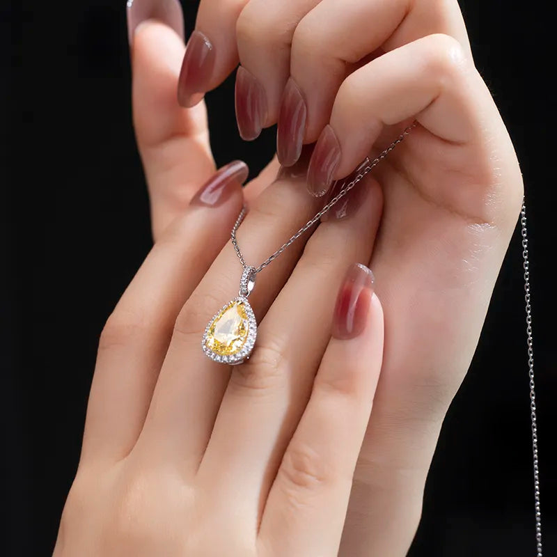 Silver Sterling Tear Drop Bright Yellow Cubic Zirconia Solid Necklace