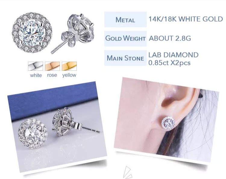 Round Cut 0.83ct D VS2 3EX 18k White Gold Diamond Stud Earrings