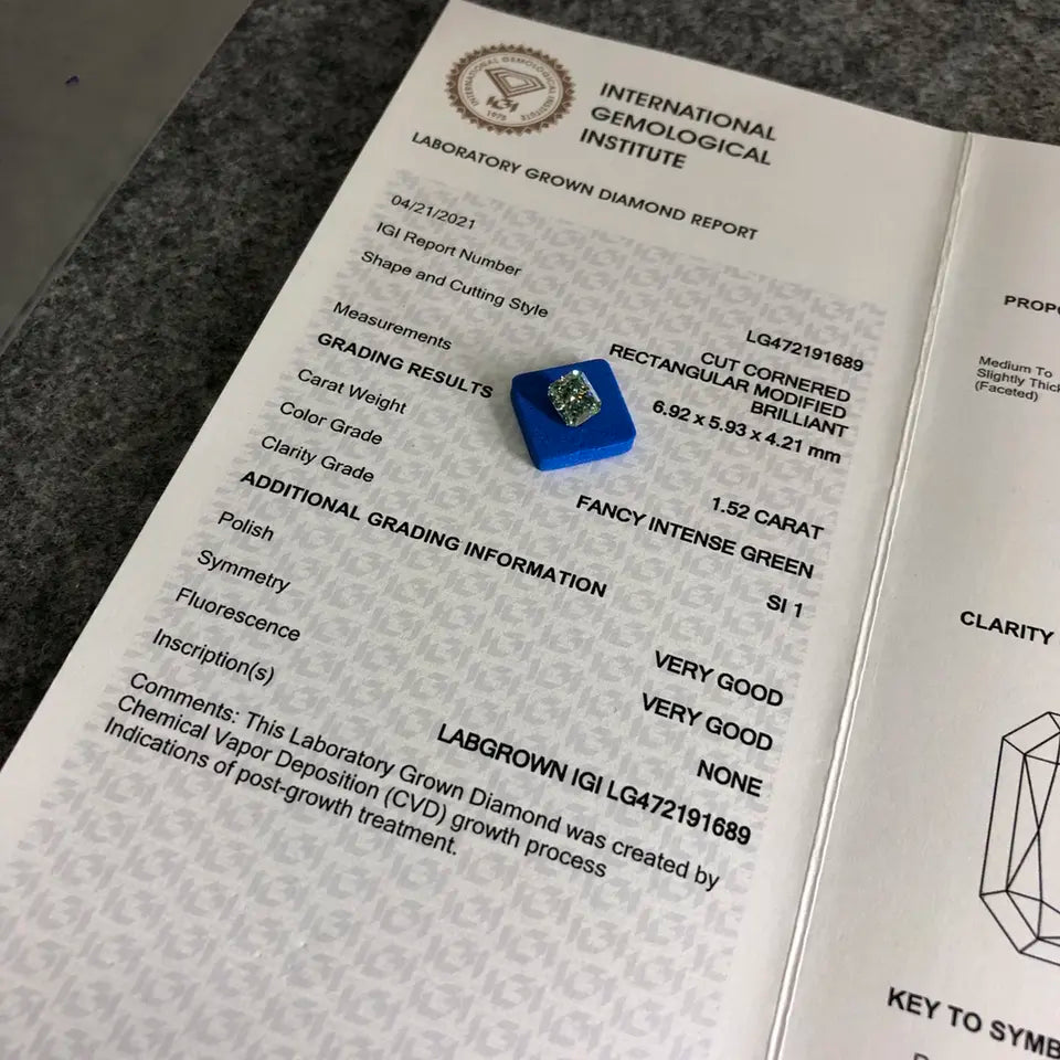 1.5CT SI1 Loose Cushion CVD Fancy Intense Green Lab Grown Diamond