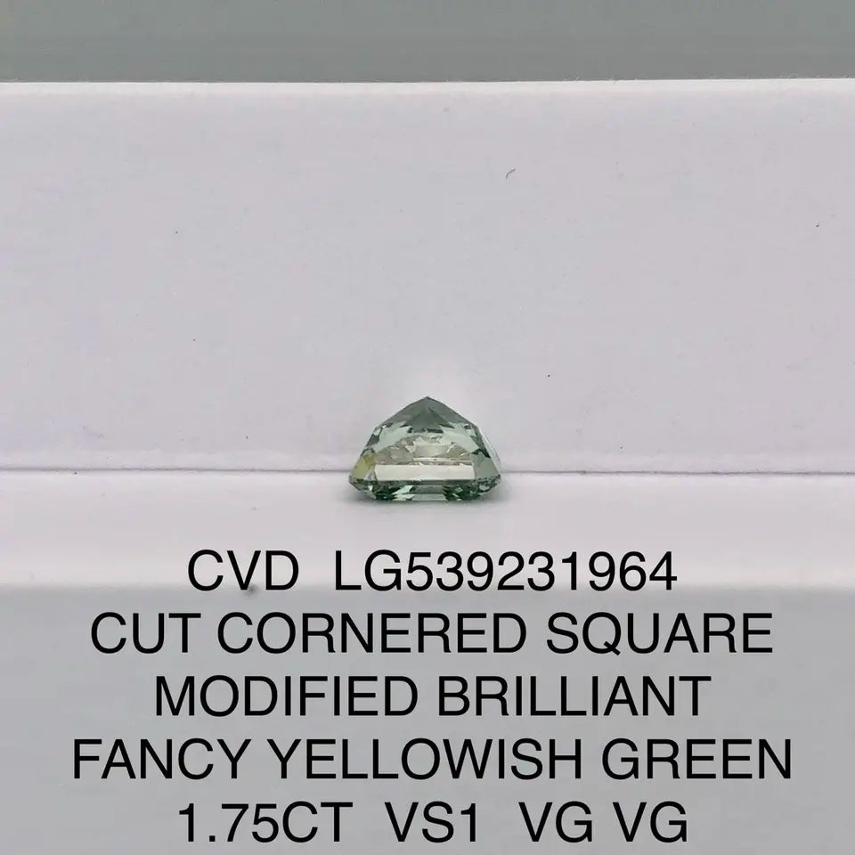 1.75CT Cut Cornered Square VS1 Loose CVD Lab Grown Yellowish Green Diamond