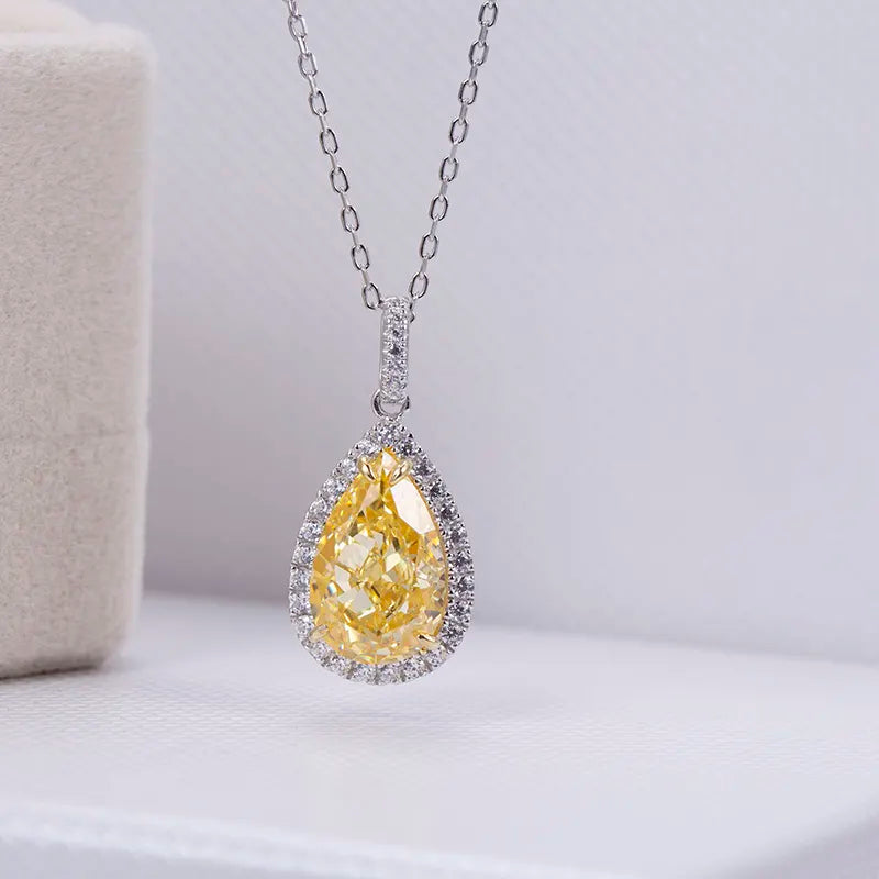 Silver Sterling Tear Drop Bright Yellow Cubic Zirconia Solid Necklace