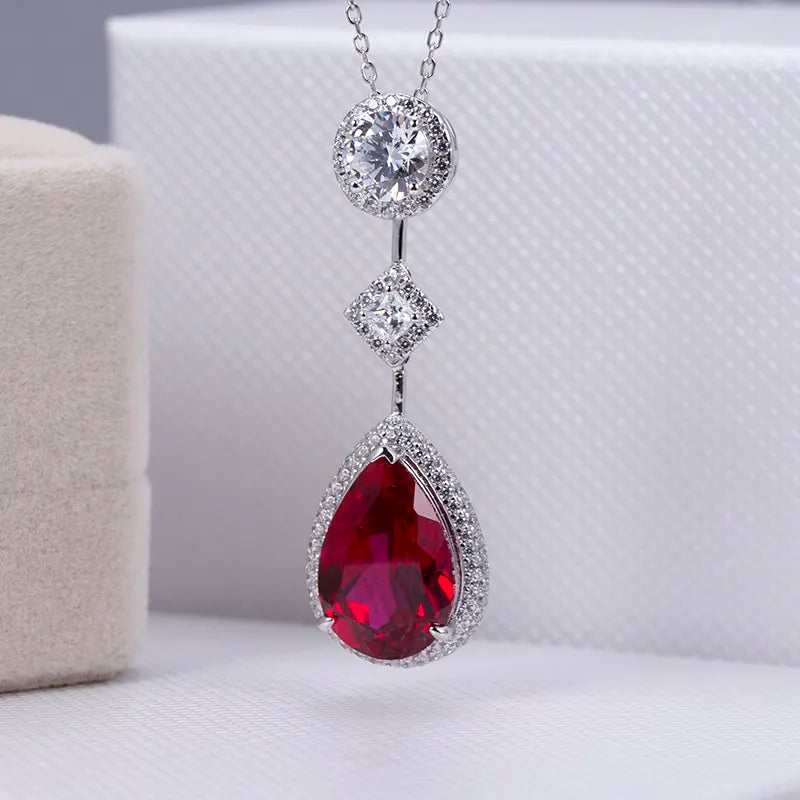 Red Corundum Spinel Pear 10x15mm Fine Silver Necklace