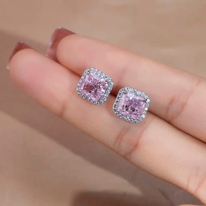 Pink Moissanite Diamond Silver Earrings