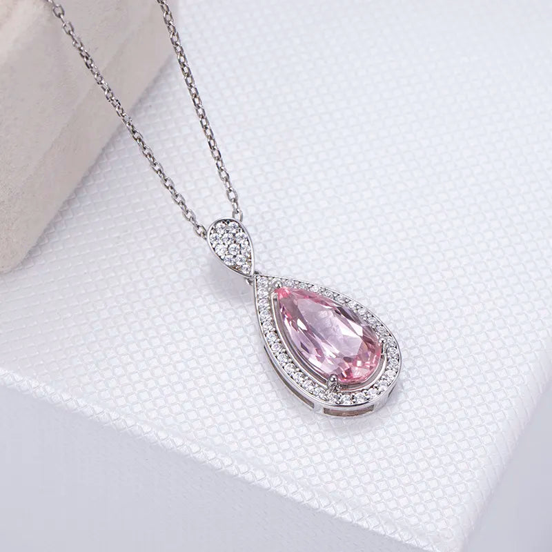Silver Pear Cut Pink Channel Setting Diamond Pendant Necklace