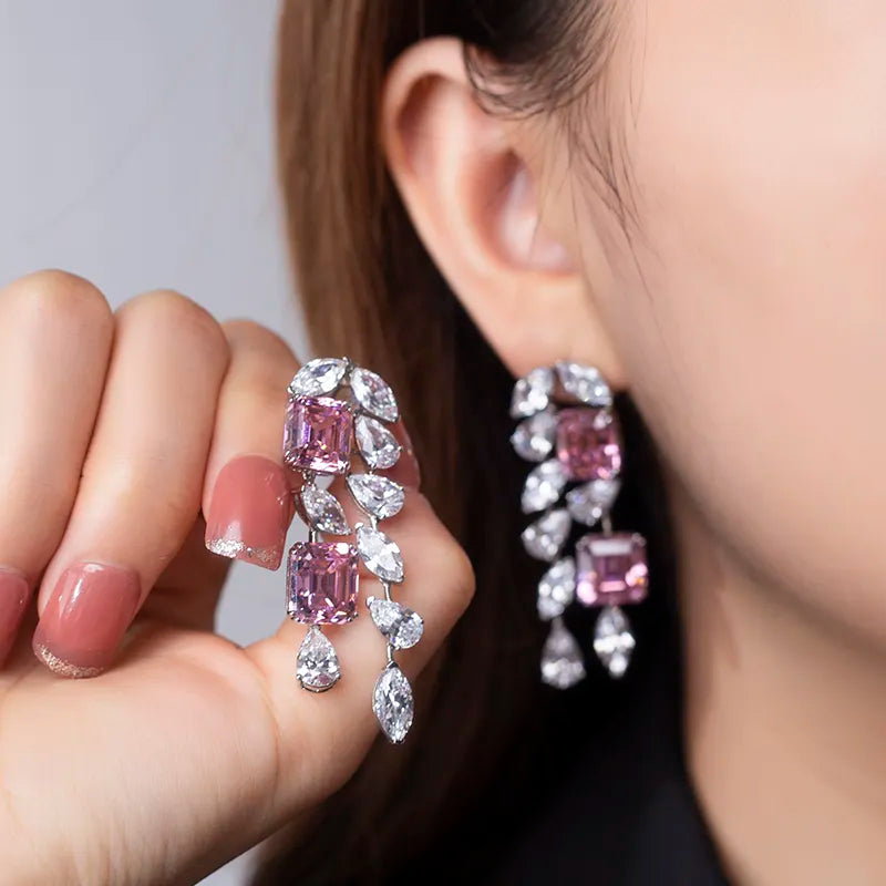 Silver Pink Cushion and Pear High Carbon Diamond Zirconia Earings
