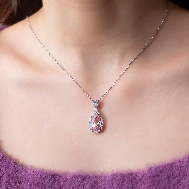 Silver Pear Cut Pink Channel Setting Diamond Pendant Necklace