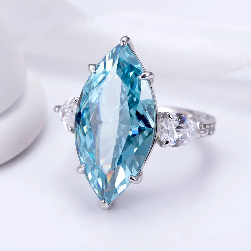 Silver Cubic Moissanitet Blue Marquise High Carbon Ring
