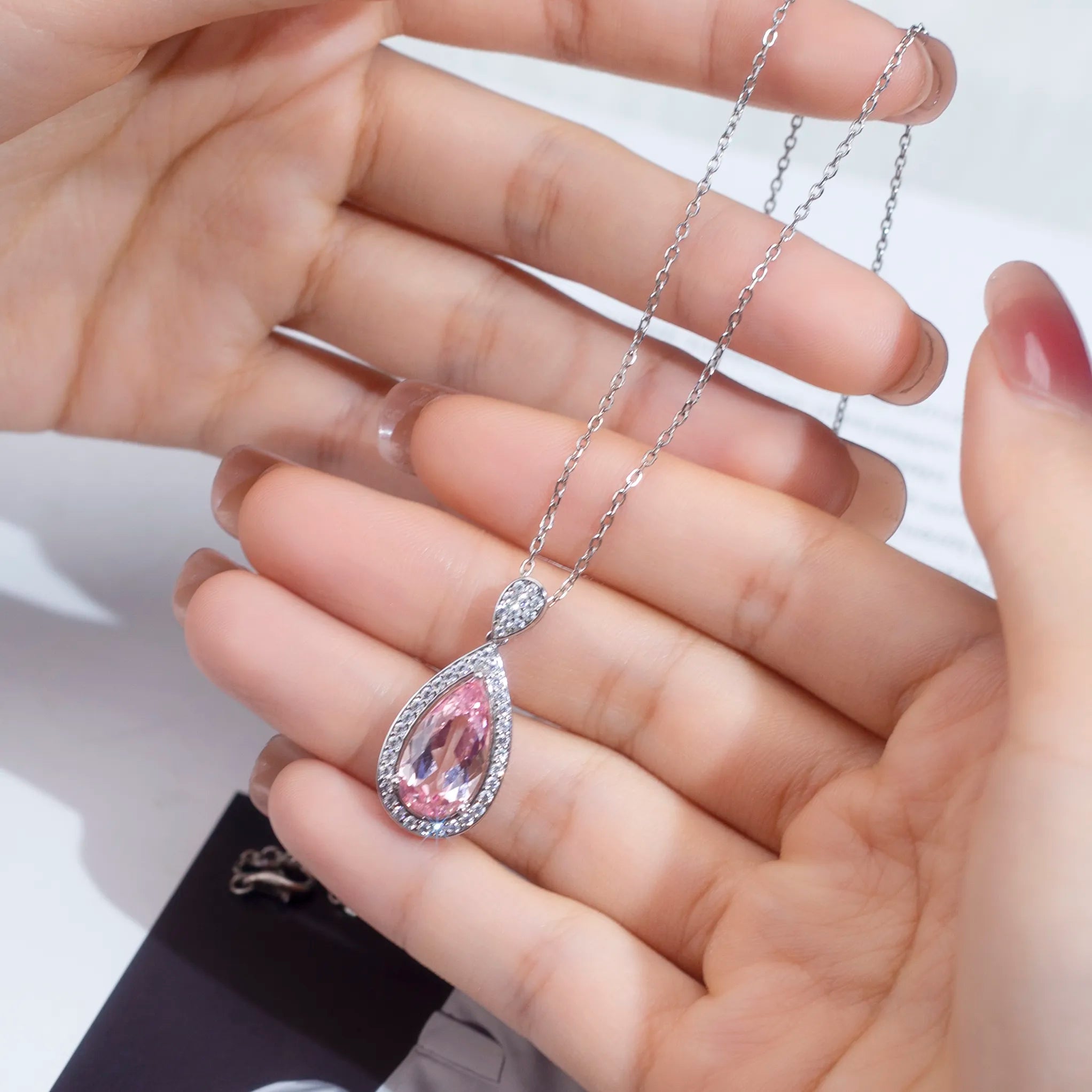 Silver Pear Cut Pink Channel Setting Diamond Pendant Necklace
