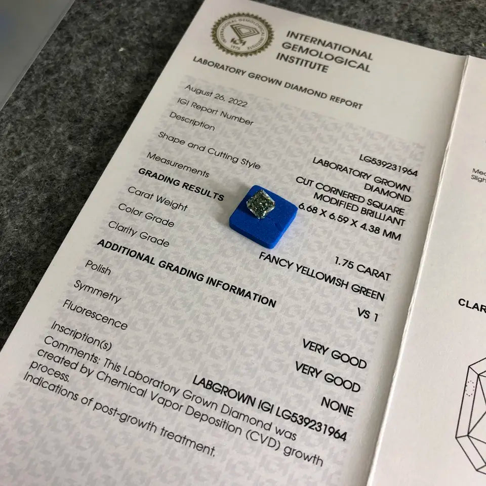 1.75CT Cut Cornered Square VS1 Loose CVD Lab Grown Yellowish Green Diamond