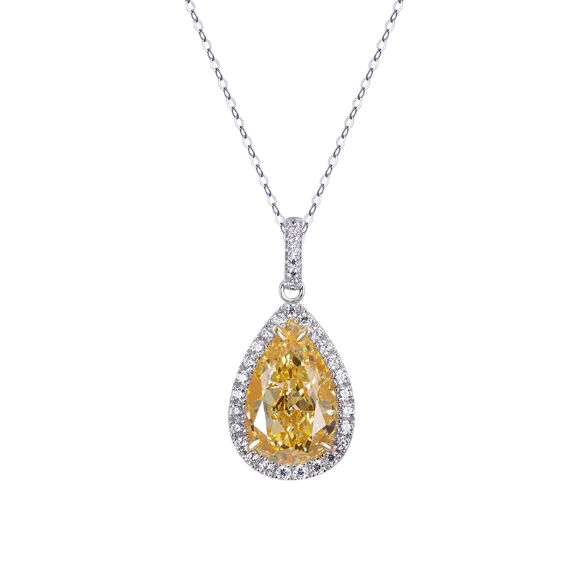 Silver Sterling Tear Drop Bright Yellow Cubic Zirconia Solid Necklace