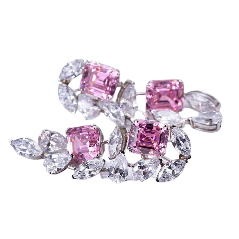 Silver Pink Cushion and Pear High Carbon Diamond Zirconia Earings