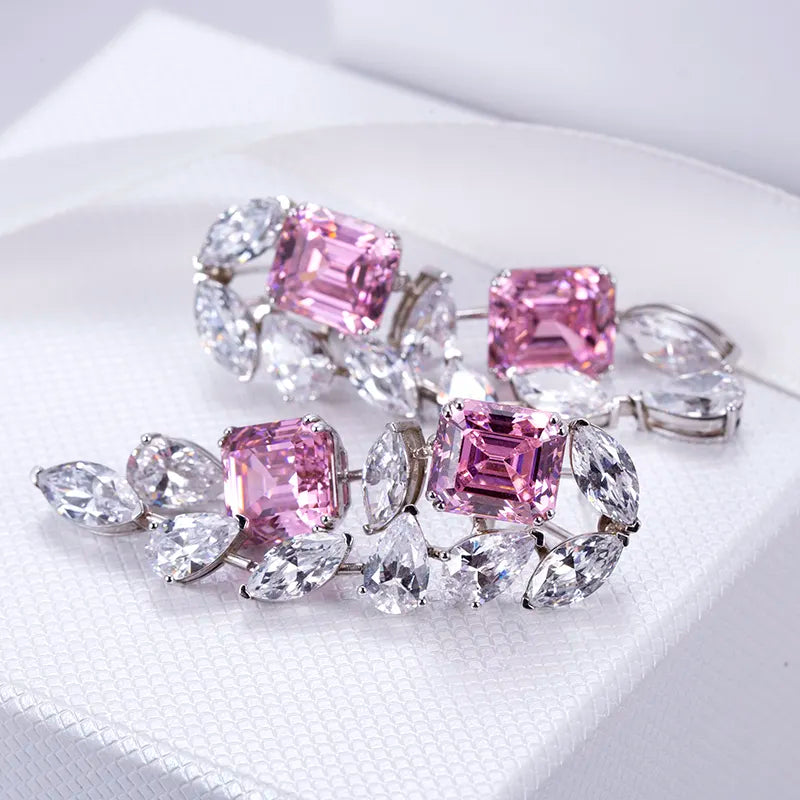 Silver Pink Cushion and Pear High Carbon Diamond Zirconia Earings