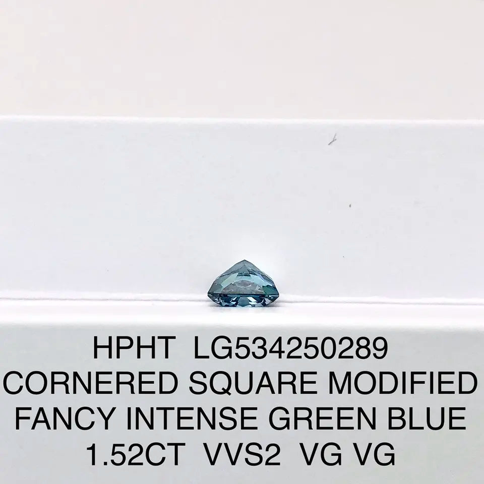 1.5ct Cornered Square VVS Fancy Intense Loose Green Blue HPHT Lab Created Diamond