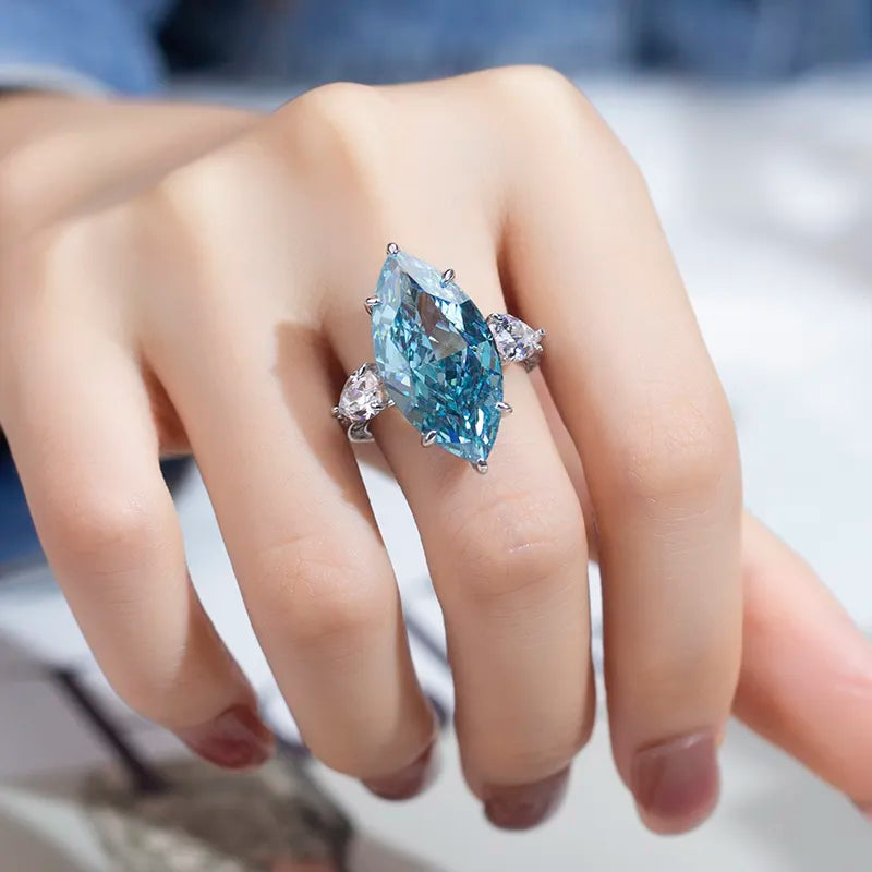 Silver Cubic Moissanitet Blue Marquise High Carbon Ring
