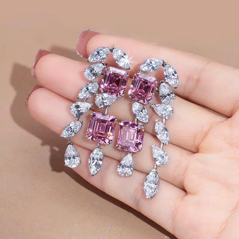 Silver Pink Cushion and Pear High Carbon Diamond Zirconia Earings