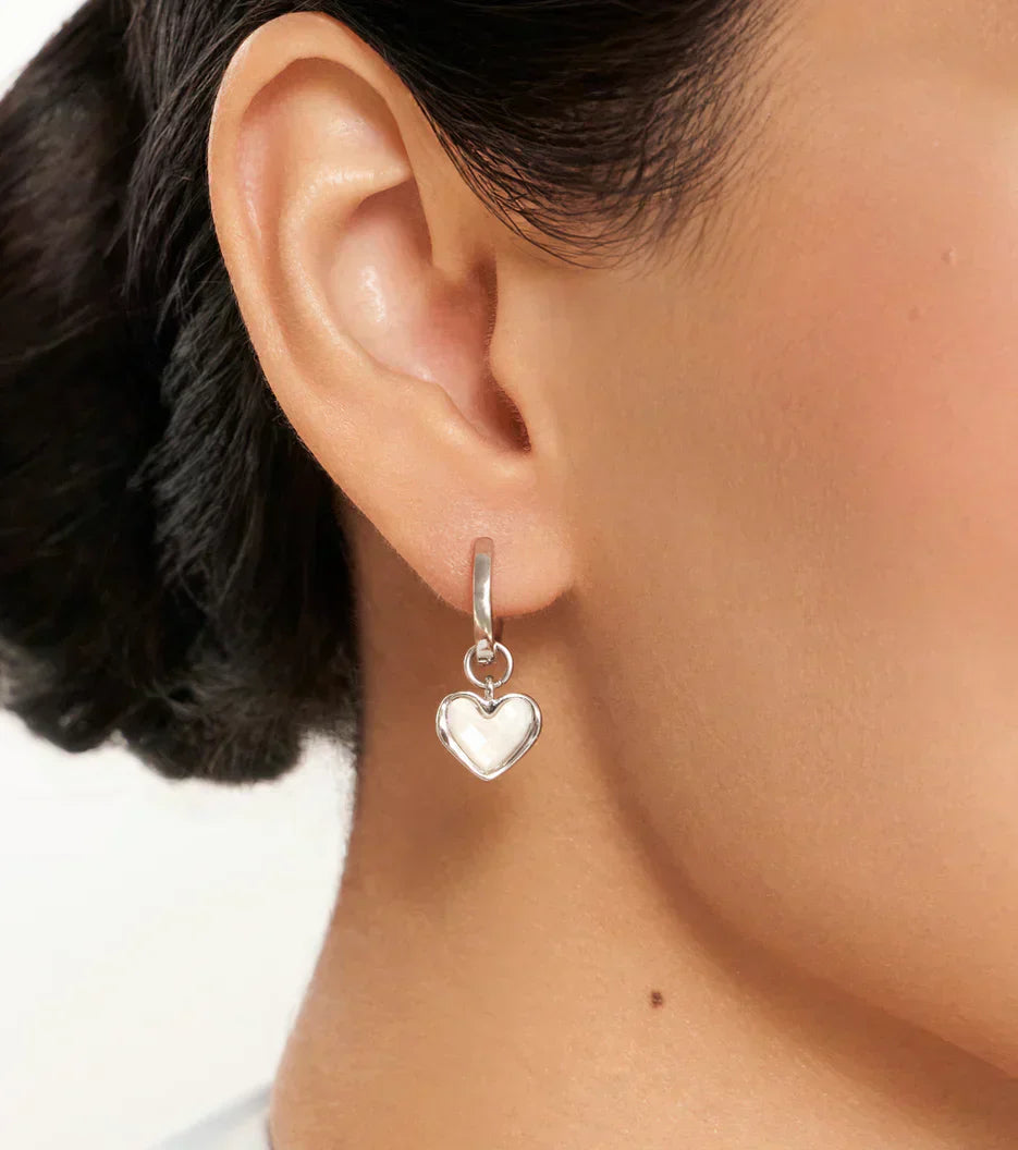 White Quartz Heart Huggie Earrings (Silver)