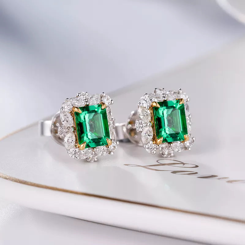 Natural Emerald Halo 18k Gold Earrings With Natural White Diamond
