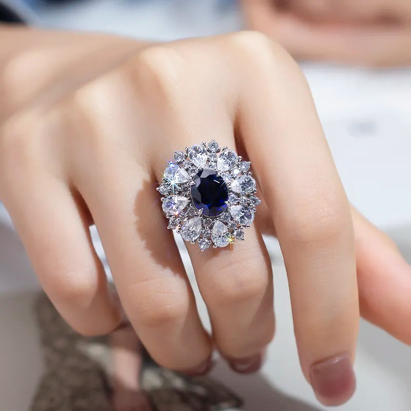 Stainless Cubic Zircon Diamond Flower Solid Silver Ring