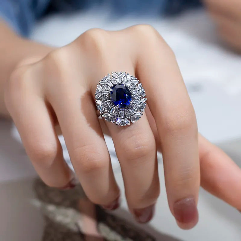 Stainless Cubic Zircon Diamond Flower Solid Silver Ring