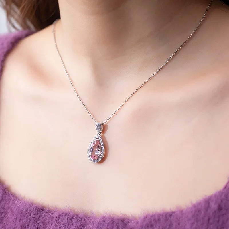 Silver Pear Cut Pink Channel Setting Diamond Pendant Necklace