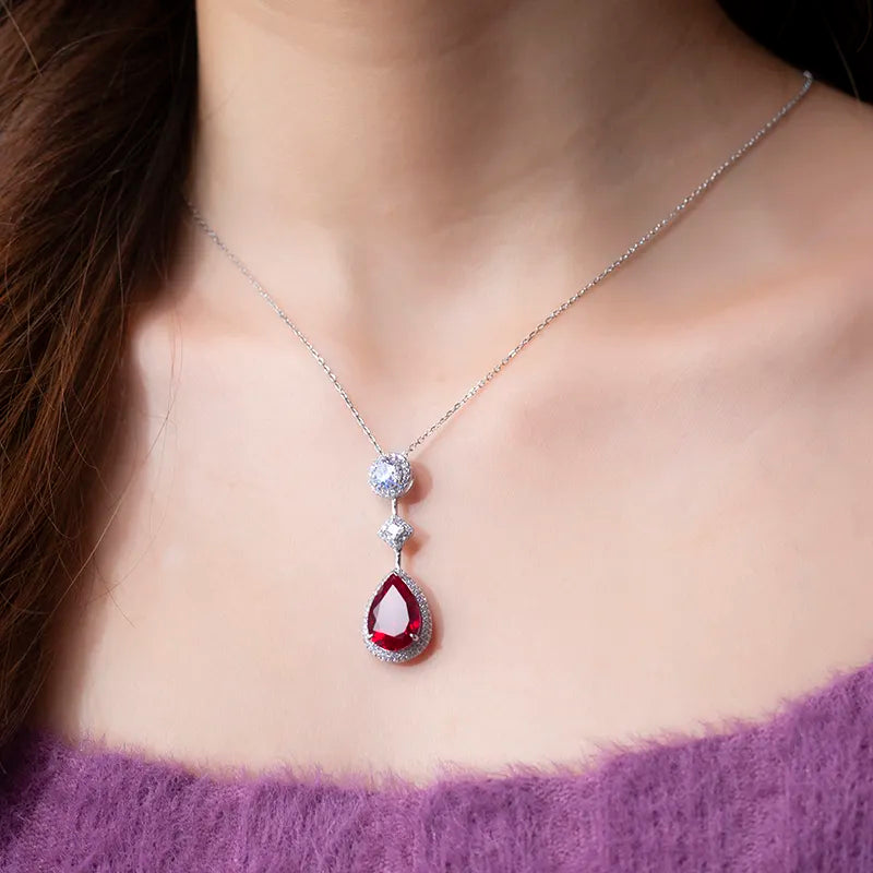 Red Corundum Spinel Pear 10x15mm Fine Silver Necklace