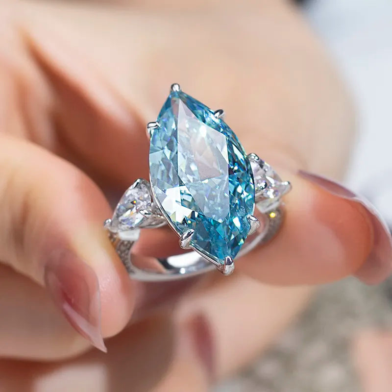 Silver Cubic Moissanitet Blue Marquise High Carbon Ring