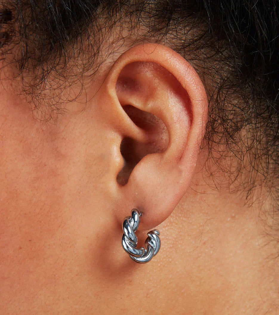 Twisted Huggie Hoop Earrings (Silver)